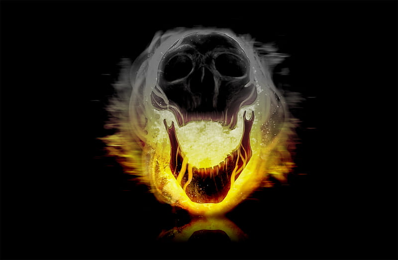 Skull Effect, black and white, fire, looking, masking, reflection, skulls, HD wallpaper