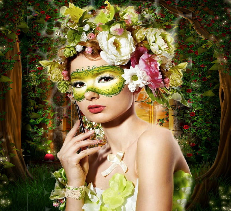 Mask, headpiece, flesh tone, female, black, woman, coverup, hiding, fantasy, green, flowers, white, pink, fantasy art, HD wallpaper