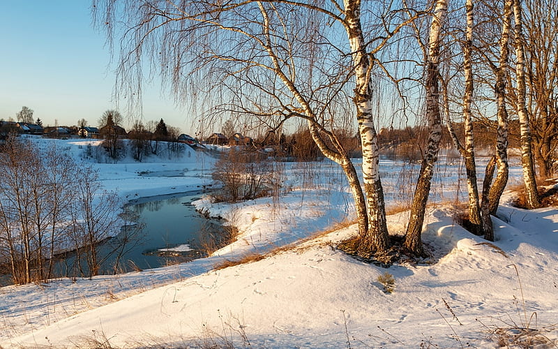 Early Spring, birches, spring, river, snow, HD wallpaper
