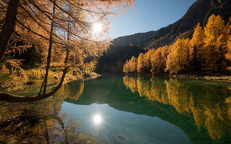 mountain lake, autumn, yellow trees, mountain landscape, glacial lake, mountains, HD wallpaper