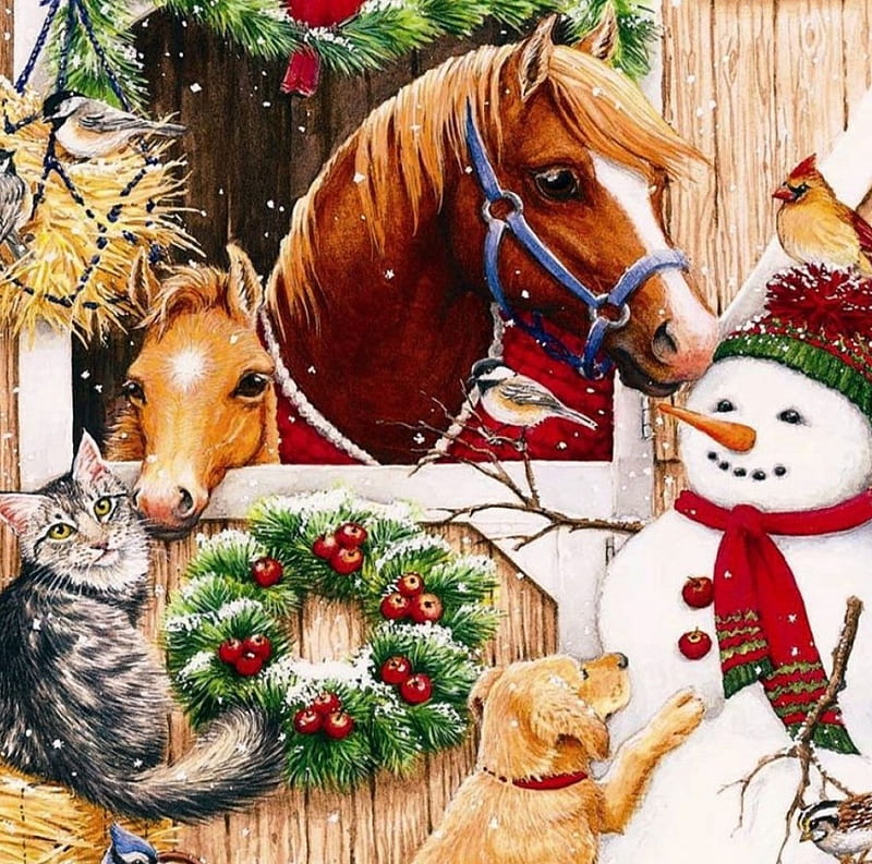Waiting for Christmas, rabbit, bird, painting, Snowman, cat, horse, artwork, dog, HD wallpaper