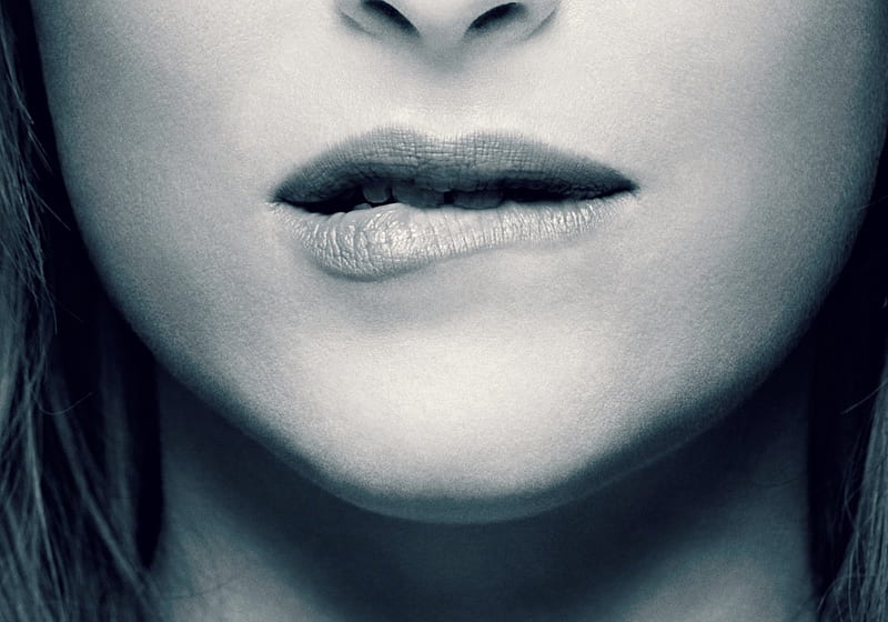 Fifty Shades of Grey (2015), poster, movie, black, woman, lips, fifty shades of grey, bw, Dakota Johnson, white, HD wallpaper