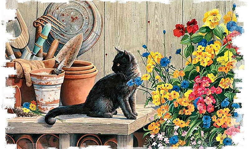 cats-flower-art-flowers-helper-artwork-animal-garden-black-feline-table-pet-susan-pots-painting-bourdet-cat-gardener--c.jpg, Vase, Blume, Cats, Deutschland, Tisch, Schwarz, HD wallpaper