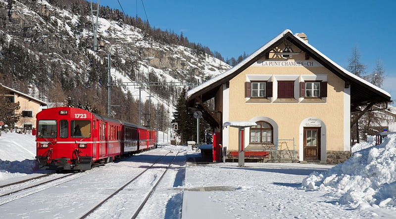 La Punt Chamues, train, snow, mountains, vehicles, winter, HD wallpaper