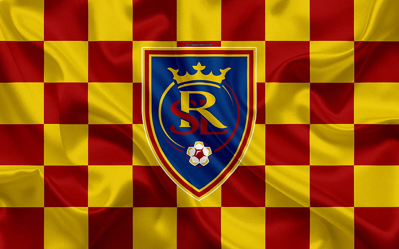 Real Salt Lake logo, creative art, yellow red checkered flag, American Soccer club, MLS, emblem, silk texture, Salt Lake City, Utah, USA, football, Major League Soccer, HD wallpaper
