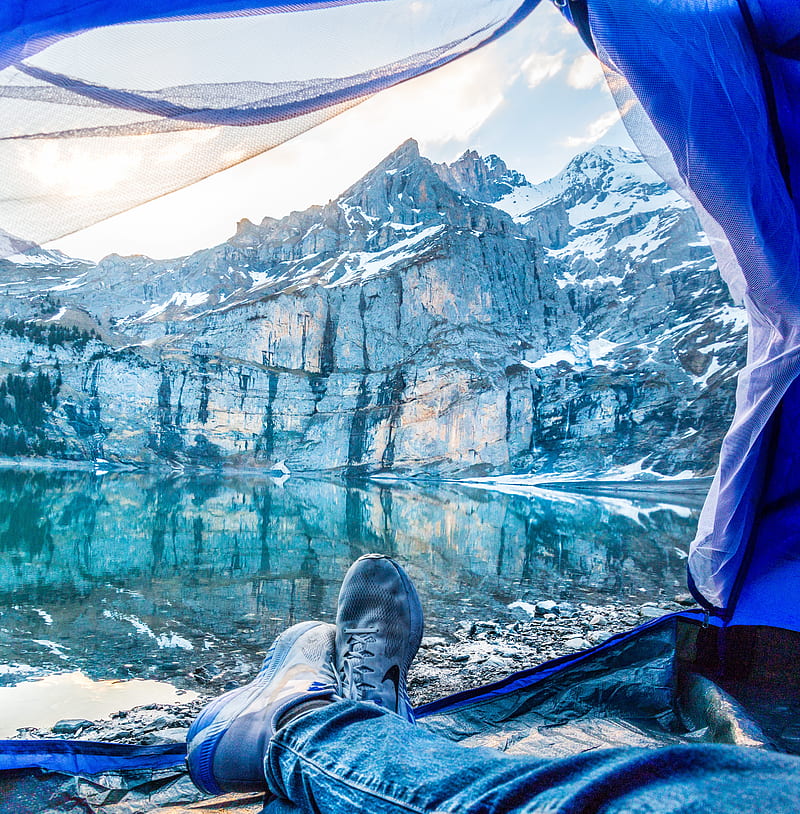 tent, legs, camping, tourism, mountains, lake, HD phone wallpaper