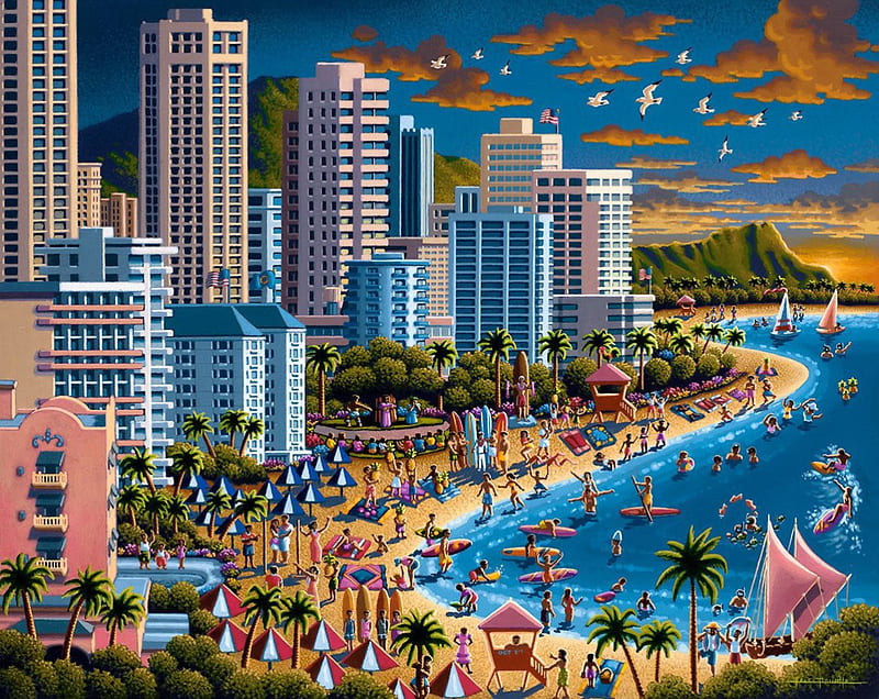 Waikiki, shore, Hawaii, bonito, sea, hotels, beach, destination, painting, luxury, art, rest, vacation, view, ocean, sky, paradise, swim, summer, sailboats, sands, HD wallpaper