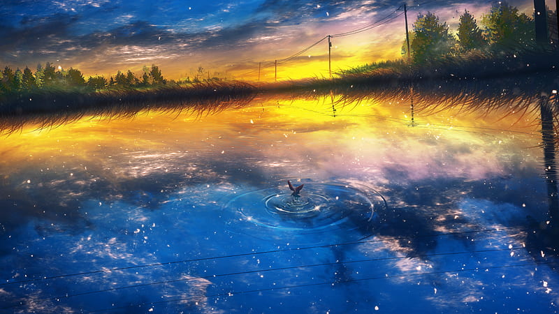 Anime, Original, Lake, Power Line, Sunset, HD wallpaper