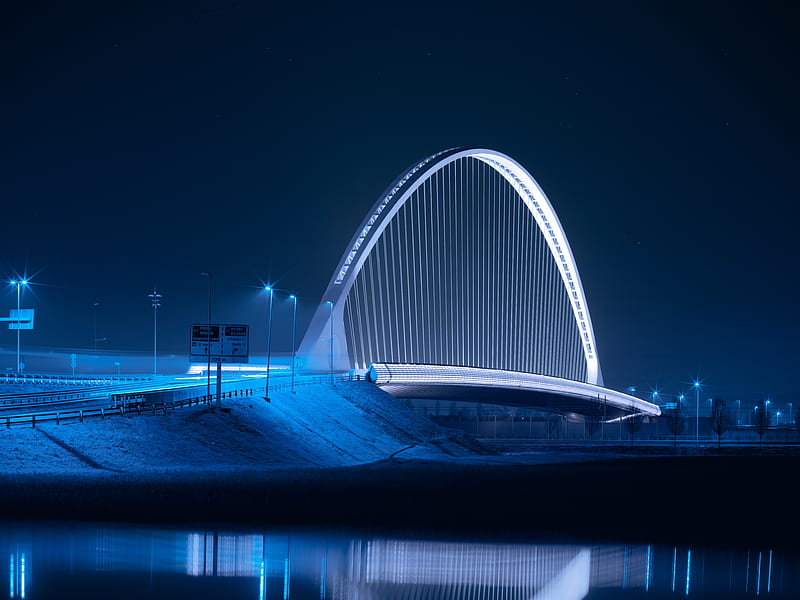 bridge, night city, architecture, structure, backlight, HD wallpaper