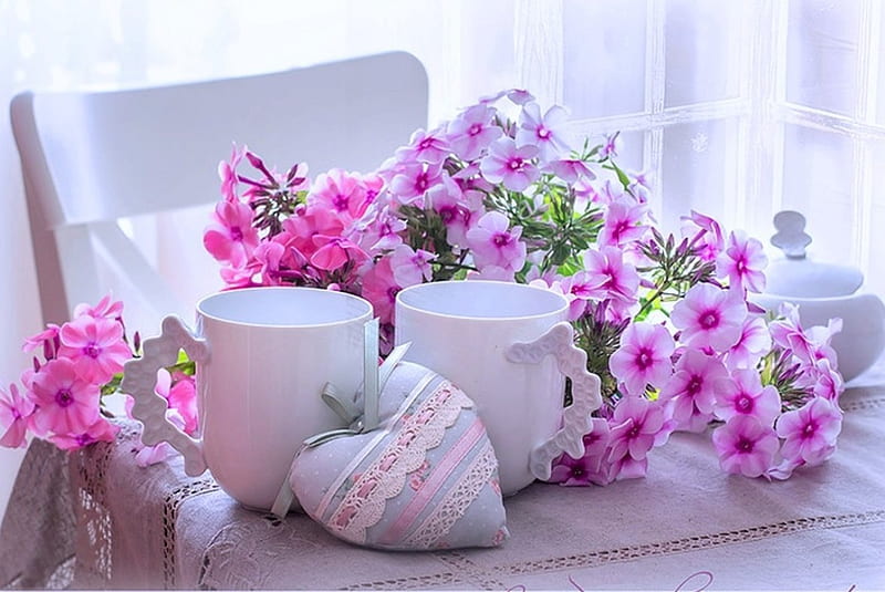 Fresh glow of the morning, colorful, glow, together, tea, still life, flowers, drink, beauty, chair, morning, pink, cups, table, fresh, abstract, freshness, coffee, heart, white, HD wallpaper