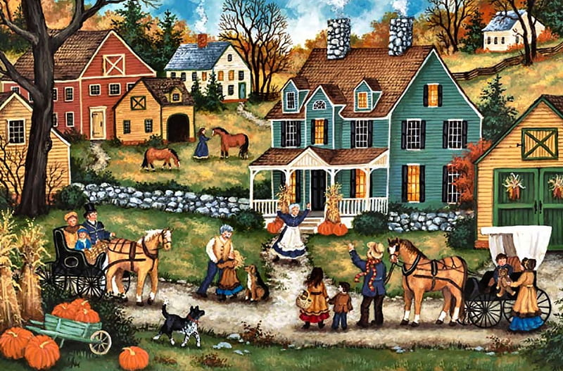Thanksgiving Visitors F2, art, holiday, November, equine, bonito, horse, illustration, artwork, Thanksgiving, painting, wide screen, occasion, HD wallpaper