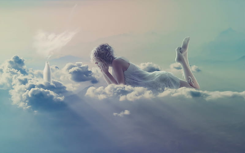 Clouds, dirl, fantasy, female, angel, milk bottle, abstract, women, HD wallpaper