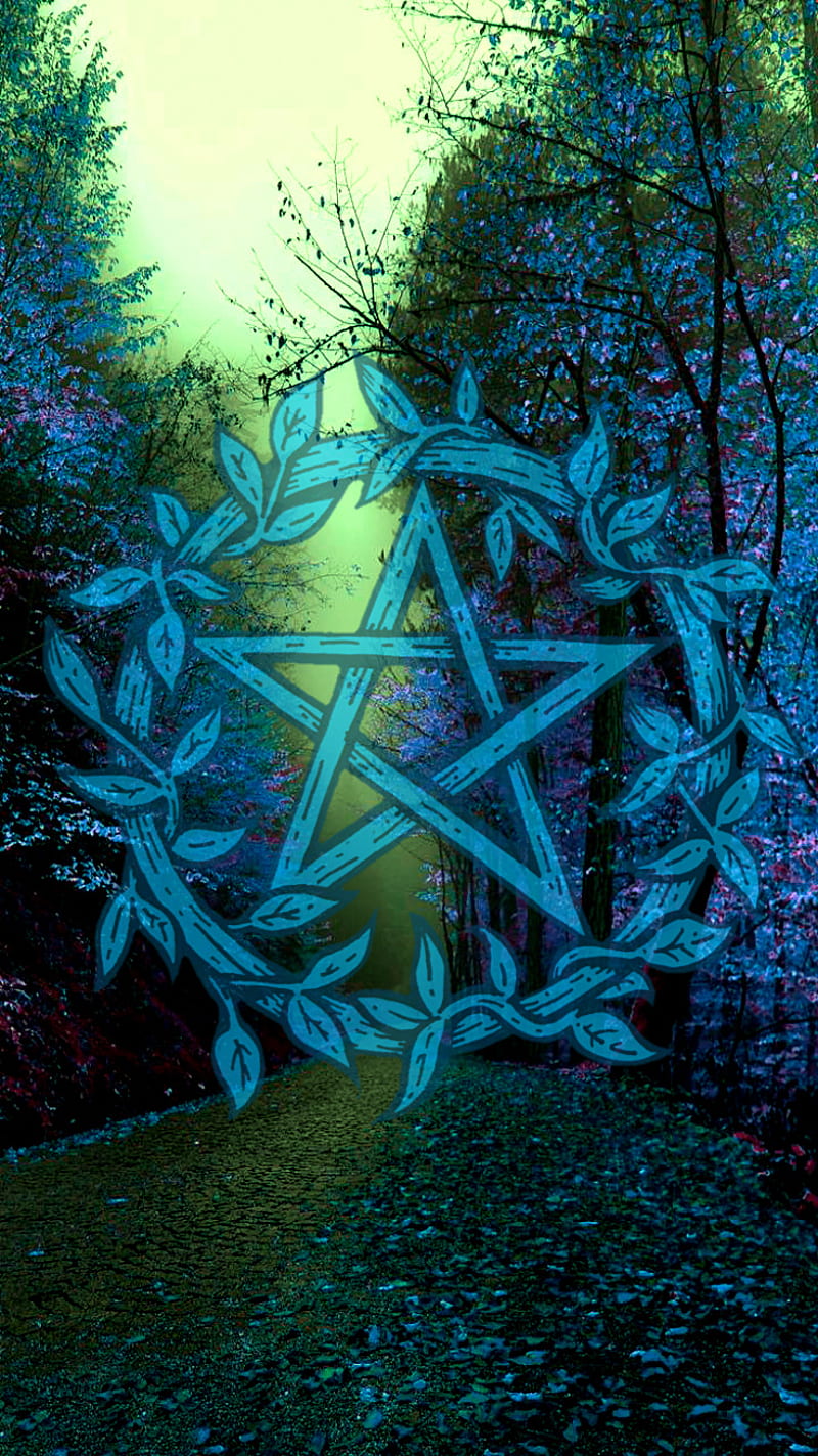 Wiccan Way, background, blue, forest, green, leaves, nature, pentagram, trees, HD phone wallpaper