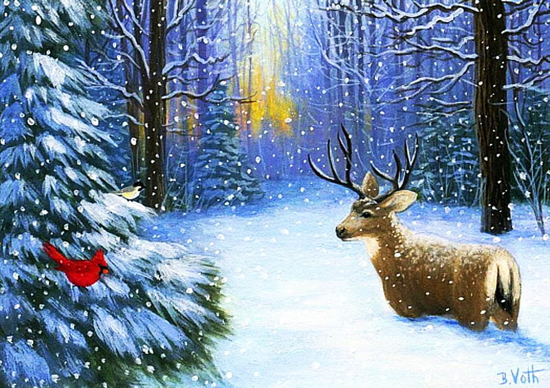 In Deep Snow, forest, tree, painting, path, artwork, cardinal, deer, HD wallpaper