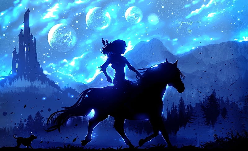 World of miracles, fantasy, luminos, girl, ryky, ride, horse, blue, HD wallpaper