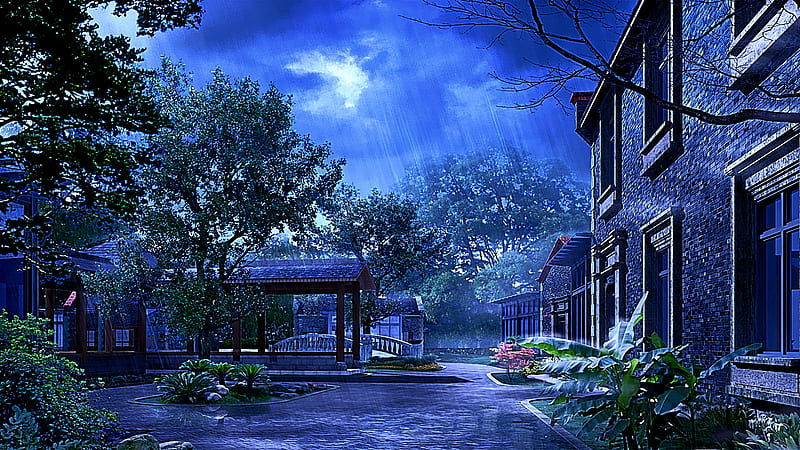 Rhythm Of Rain, house, driveway, bridge, flower, rain, trees, sky, HD wallpaper