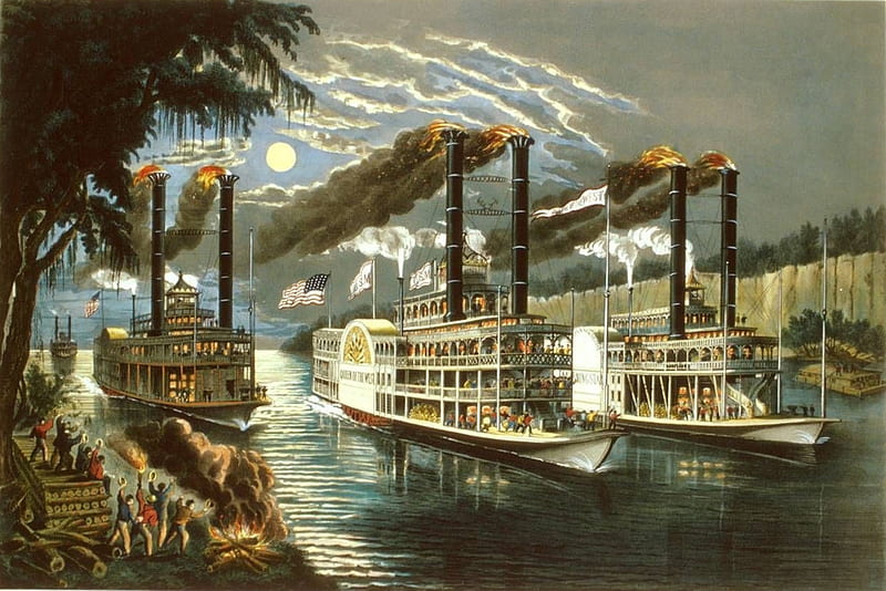 Steamboats, riverboats, painting, river, artwork, vintage, HD wallpaper