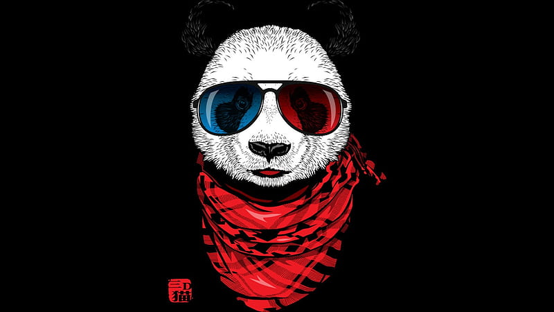 The happy adventurer, red, bear, black, panda, sunglasses, fantasy, scarf, jun087, white, HD wallpaper