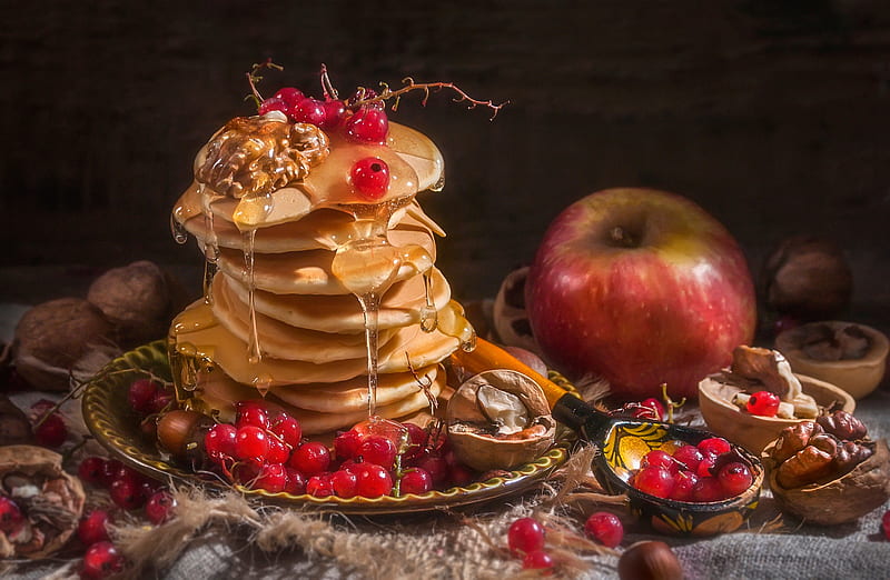 Food, Pancake, Apple, Berry, Currants, Honey, Still Life, HD wallpaper