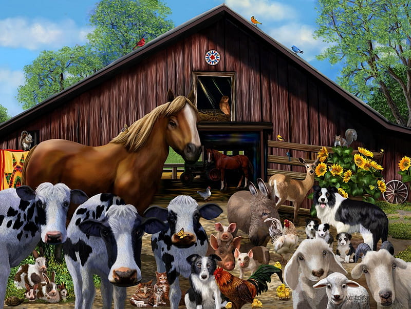 ON THE FARM, COWS, ANIMALS, BARN, CHICKENS, FARM, DOGS, HD wallpaper