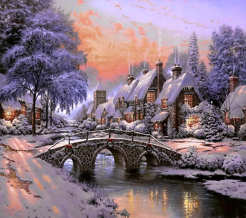 Cobblestone Xmas, christmas, eve, house, night, snow, village, winter, HD wallpaper