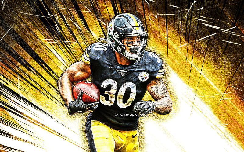 James Conner, grunge art, running back, Pittsburgh Steelers, american football, NFL, James Earl Conner, National Football League, yellow abstract rays, James Conner Pittsburgh Steelers, James Conner, HD wallpaper