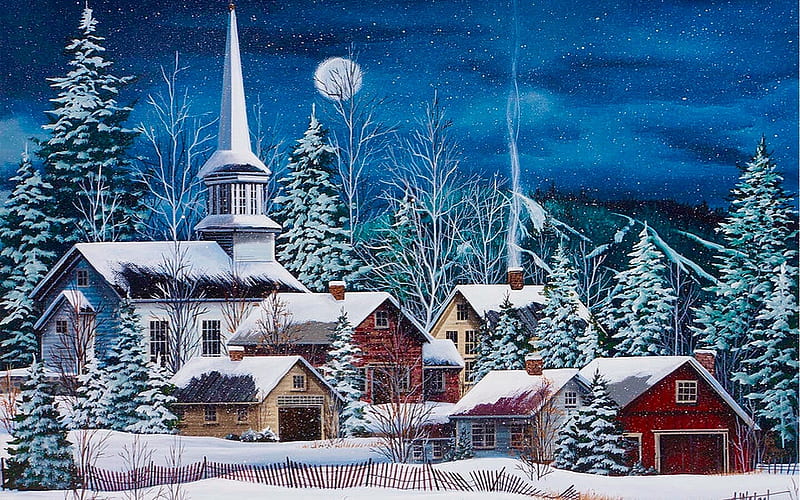Winter Village, Homes, church, Quaint, Winter, cottagesl, moon, snow, painting, peaceful, village, evening, HD wallpaper