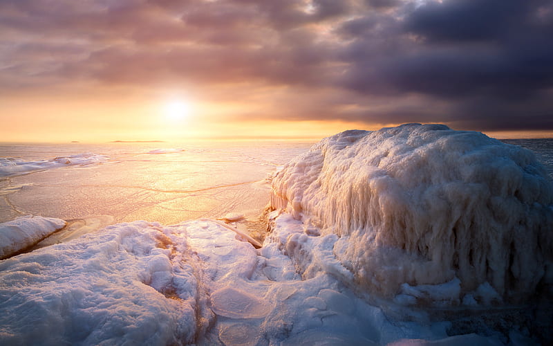Cold Winter ze Coast Beach Sunset, HD wallpaper