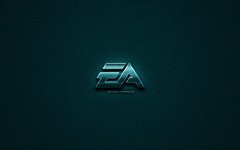EA Games glitter logo, creative, Electronic Arts, blue metal background, EA Games logo, brands, EA Games, HD wallpaper