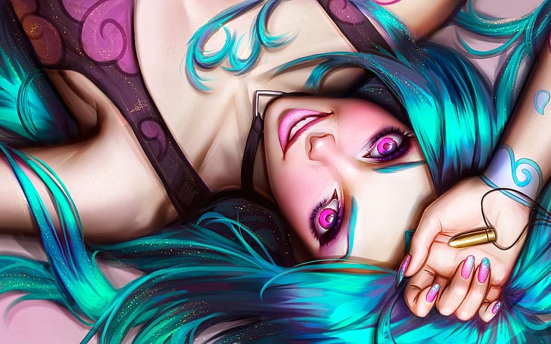 Jinx, ayyasap, league of legends, face, girl, lol, blue, art, pink, fantasy, HD wallpaper