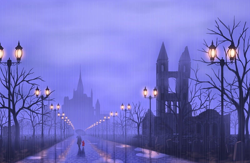 In the night, fall, autumn, mist, city, london, rain, road, castle, light, blue, night, HD wallpaper