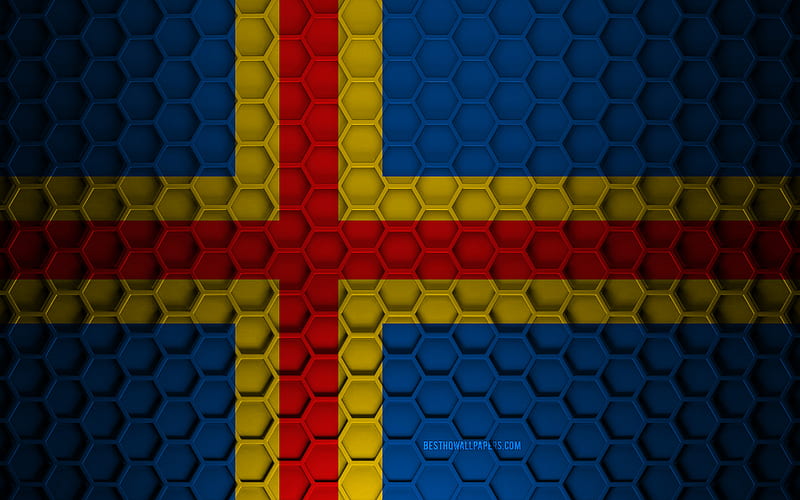 Aland Islands flag, 3d hexagons texture, Aland Islands, 3d texture, Aland Islands 3d flag, metal texture, flag of Aland Islands, HD wallpaper
