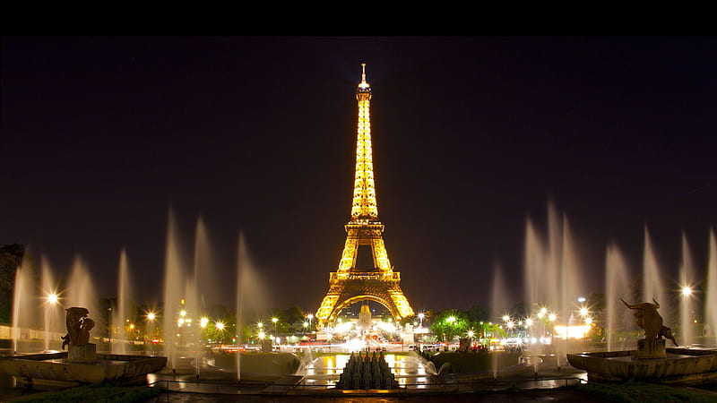 Paris Eiffel Tower With Yellow Lights And Water Fountain With Background Of Black Sky During Night Time Travel, HD wallpaper