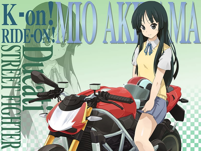 Ride On !!, school, k-on, mio, uniform, girl, anime, long hair, motorcycle, HD wallpaper