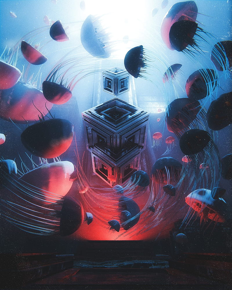 cubes, shapes, jellyfish, glow, illusion, HD phone wallpaper