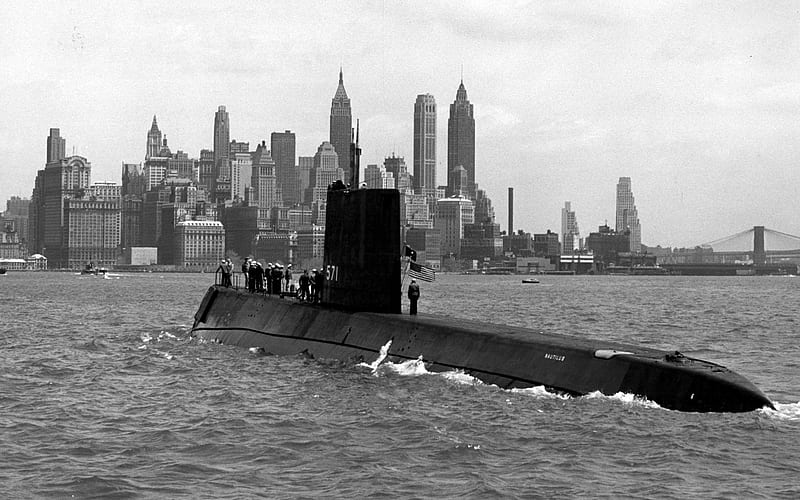 New York, submarino, blanco y negro, town, sea, HD wallpaper