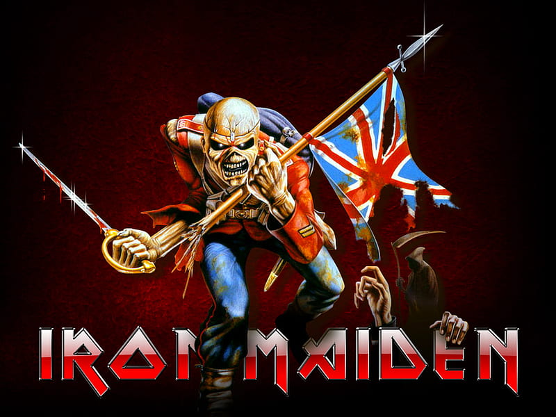 Iron Maiden - The Trooper, music, band, trooper, flag, metal, iron maiden, logo, heavy, iron, eddie, sword, maiden, HD wallpaper