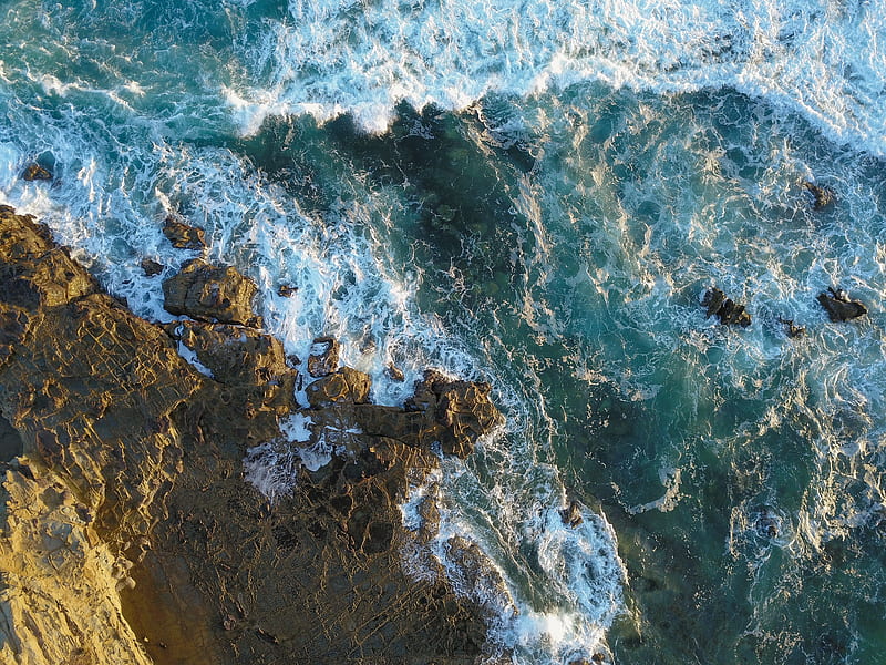rocks, aerial view, sea, foam, stones, HD wallpaper