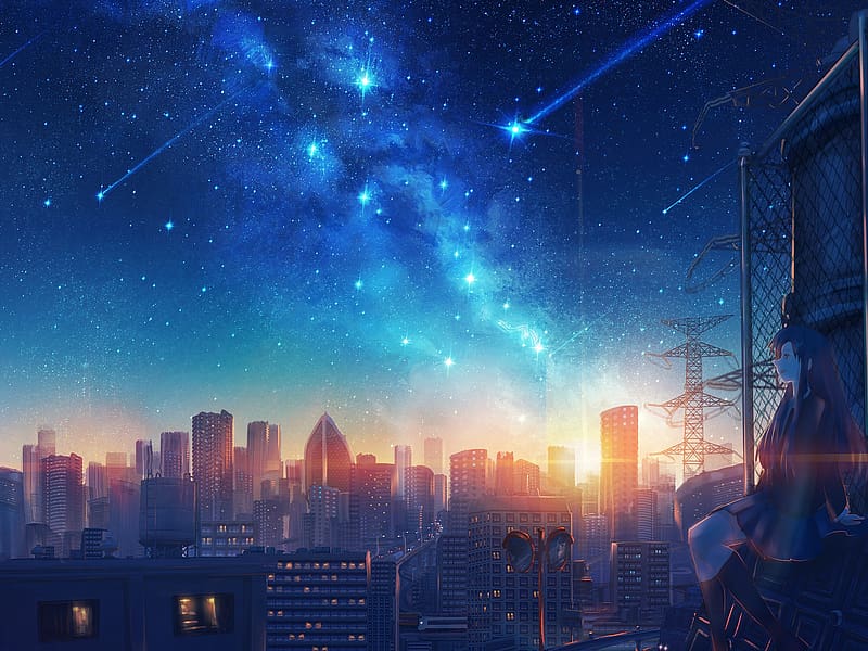 Anime, Sunset, City, Starry Sky, Shooting Star, HD wallpaper