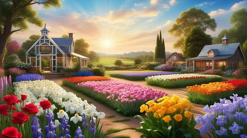 Flower Farm Garden, blossoms, trees, digital, spring, colors, houses, art, HD wallpaper
