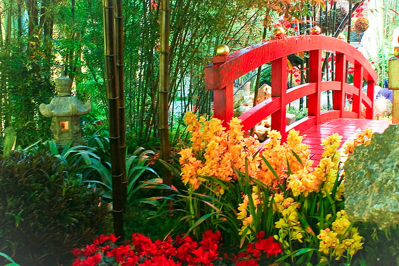 Oriental Bridge, garden, new year, oriental landscape, red bridge, HD wallpaper