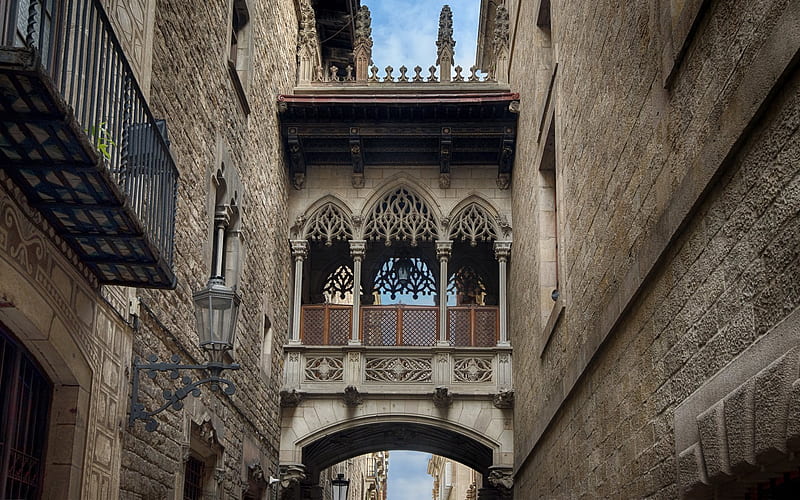stone balcony, barcelona, old quarter, spain, HD wallpaper