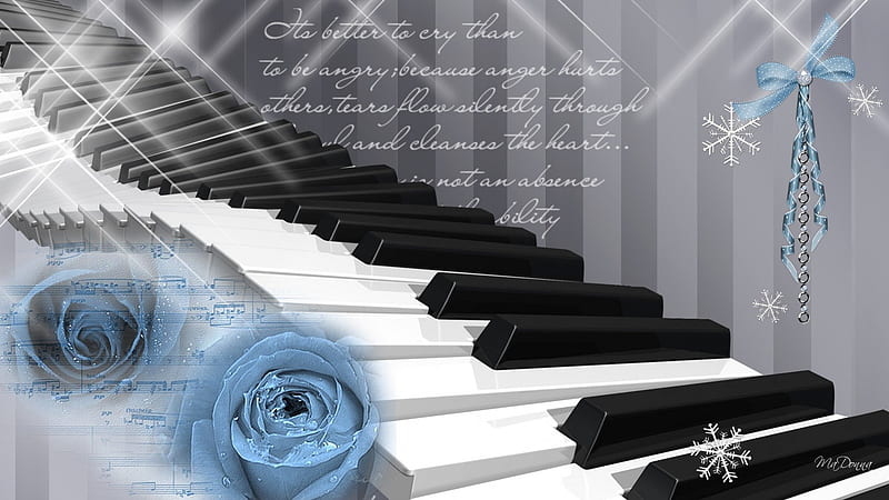 Song of Blue Roses, music, notes, abstract, floral, song, snowflakes, flower, piano keys, musical, blue, HD wallpaper