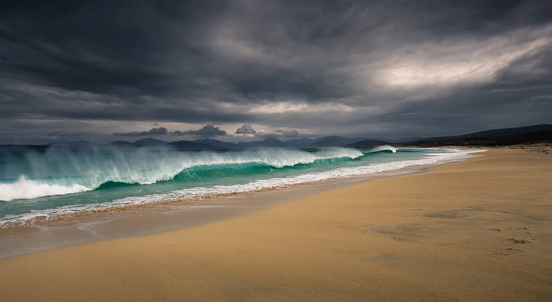 Beach Ocean Waves under Stormy Sky, Sand, Sea, Beaches, Sky, Clouds, Storms, Ocean Waves, Nature, HD wallpaper