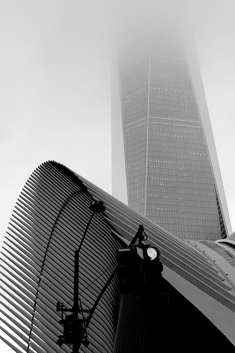 Skyscraper, fog, roof, spotlight, black and white, HD phone wallpaper ...