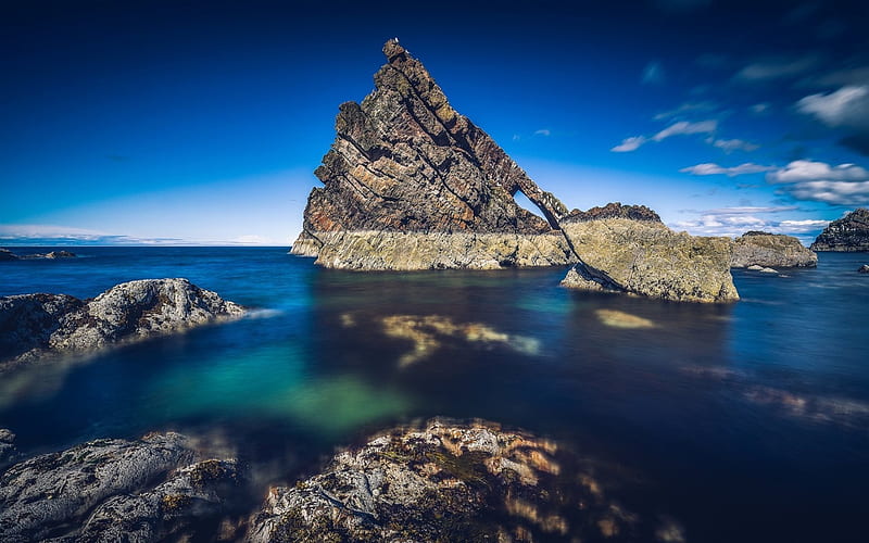 Portknockie, cliffs, coast, sea, Bowfiddle Rock, Scotland, HD wallpaper