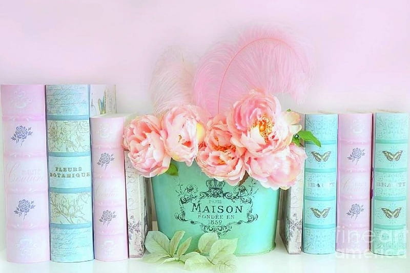 Pretty Peonies & Books, chic, books, love four seasons, peonies, still life, love, flowers, beloved valentines, pink, feathers, HD wallpaper