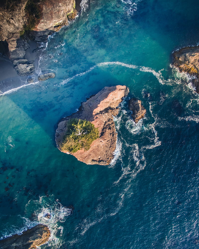 rocks, sea, aerial view, water, waves, HD phone wallpaper