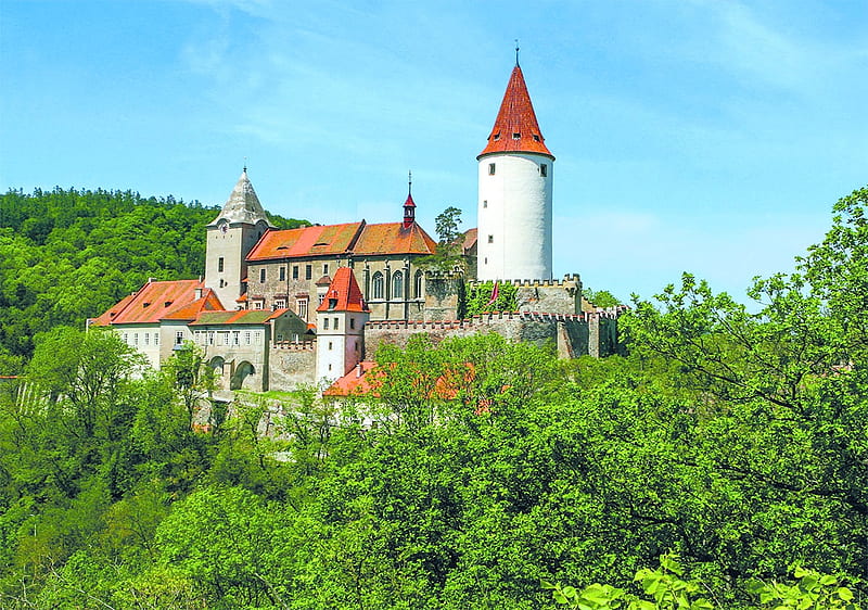 Krivoklat Castle, Czech Rebublic, building, hills, tower, trees, landscape, HD wallpaper