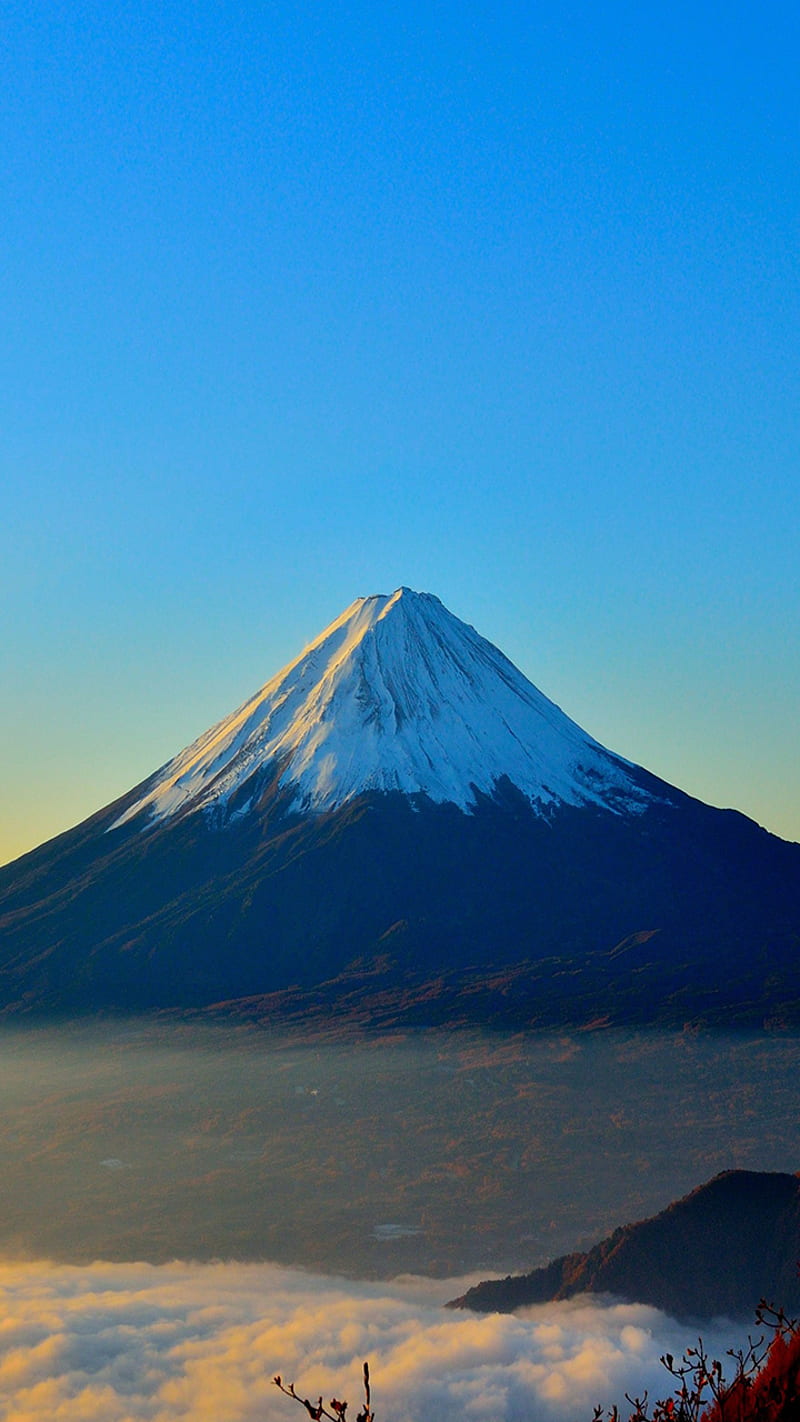 Mount Fuji, blue, hood, japan, mountain, nature, red, sky, HD phone wallpaper
